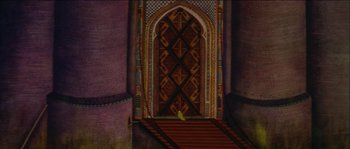 Movie still from “The Thief and the Cobbler” (1993), directed by Richard Williams – A doorway with a staircase leading up to it; Extreme Wide shot, High angle