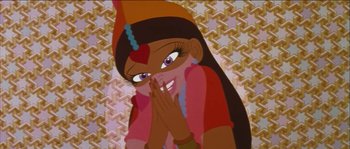 Movie still from “The Thief and the Cobbler” (1993), directed by Richard Williams – A cartoon girl with a hand over her mouth; Medium shot, Low angle