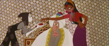Movie still from “The Thief and the Cobbler” (1993), directed by Richard Williams – An animated scene of a woman cutting a man's hair; Medium shot, Over the shoulder angle
