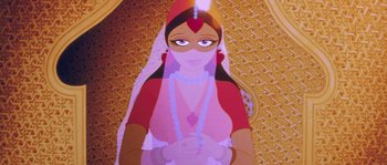 Movie still from “The Thief and the Cobbler” (1993), directed by Richard Williams – A woman in a red and white dress with a veil; Medium shot, Overhead angle