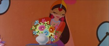 Movie still from “The Thief and the Cobbler” (1993), directed by Richard Williams – A painting of an indian woman holding a vase of flowers; Medium shot, High angle