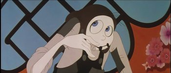 Movie still from “The Thief and the Cobbler” (1993), directed by Richard Williams – An animated woman with blue eyes is holding her mouth open; Close Up shot, Low angle