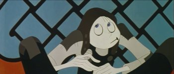 Movie still from “The Thief and the Cobbler” (1993), directed by Richard Williams – An animated woman with blue eyes looking at the camera; Close Up shot, Low angle
