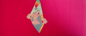 Movie still from “The Thief and the Cobbler” (1993), directed by Richard Williams – An animated picture of a woman in a tie; Medium shot, Low angle