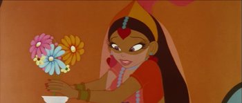 Movie still from “The Thief and the Cobbler” (1993), directed by Richard Williams – A woman holding a yellow flower; Close Up shot, High angle