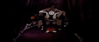 Movie still from “The Thief and the Cobbler” (1993), directed by Richard Williams – A painting of an animated character sitting on a floor; Wide shot, High angle