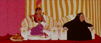 Movie still from “The Thief and the Cobbler” (1993), directed by Richard Williams – An animated scene of a woman sitting on a couch; Wide shot, Low angle