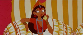 Movie still from “The Thief and the Cobbler” (1993), directed by Richard Williams – An animated woman holding an apple in her hand; Medium shot, Low angle