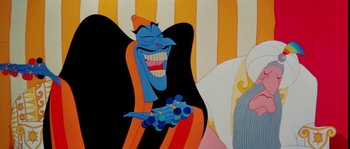 Movie still from “The Thief and the Cobbler” (1993), directed by Richard Williams – A painting of a cartoon character with a big smile on his face; Medium shot, Over the shoulder angle