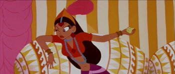 Movie still from “The Thief and the Cobbler” (1993), directed by Richard Williams – A woman in a red shirt and purple skirt; Medium shot, Low angle