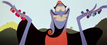 Movie still from “The Thief and the Cobbler” (1993), directed by Richard Williams – Image of a cartoon character with a big smile; Extreme Close Up shot, Low angle