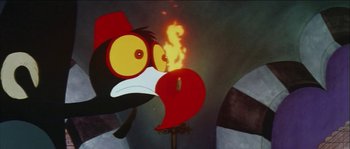 Movie still from “The Thief and the Cobbler” (1993), directed by Richard Williams – A cartoon character's face with fire coming out of its mouth; Close Up shot, High angle
