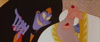 Movie still from “The Thief and the Cobbler” (1993), directed by Richard Williams – View of the evil face of jafar; Close Up shot, Low angle