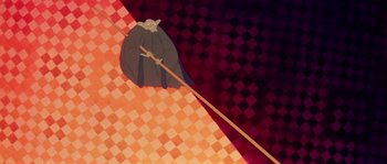 Movie still from “The Thief and the Cobbler” (1993), directed by Richard Williams – An animated picture of a person holding a staff; Wide shot, Overhead angle