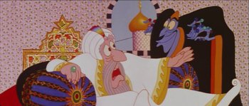Movie still from “The Thief and the Cobbler” (1993), directed by Richard Williams – An animated scene of a man in a turban and an evil looking man; Wide shot, High angle