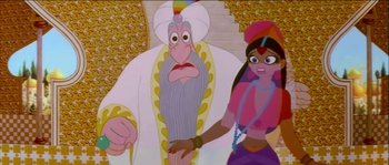 Movie still from “The Thief and the Cobbler” (1993), directed by Richard Williams – A man and a woman standing next to each other in front of a staircase; Medium shot, Low angle