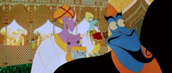 Movie still from “The Thief and the Cobbler” (1993), directed by Richard Williams – A group of cartoon characters; Medium shot, Over the shoulder angle