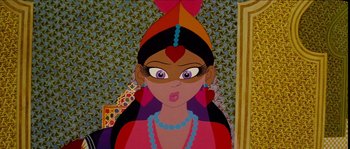 Movie still from “The Thief and the Cobbler” (1993), directed by Richard Williams – A cartoon of a woman with a heart on her forehead; Close Up shot, Overhead angle