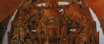 Movie still from “The Thief and the Cobbler” (1993), directed by Richard Williams – A painting of an elaborate building with many domes and spires; Extreme Wide shot, Overhead angle