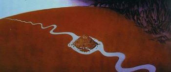 Movie still from “The Thief and the Cobbler” (1993), directed by Richard Williams – A painting of an animal sitting on top of a mound of dirt; Extreme Wide shot, High angle