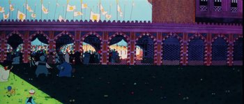 Movie still from “The Thief and the Cobbler” (1993), directed by Richard Williams – A group of people standing under a building with flags; Extreme Wide shot, High angle