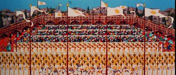 Movie still from “The Thief and the Cobbler” (1993), directed by Richard Williams – A painting of a crowd of people in a stadium; Extreme Wide shot, Overhead angle