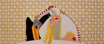 Movie still from “The Thief and the Cobbler” (1993), directed by Richard Williams – An animated picture of asterix and obelix; Medium shot, Overhead angle