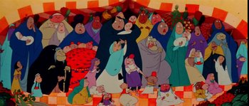 Movie still from “The Thief and the Cobbler” (1993), directed by Richard Williams – A group of people that are standing in a room; Wide shot, High angle