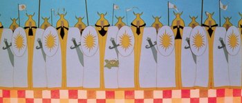 Movie still from “The Thief and the Cobbler” (1993), directed by Richard Williams – A group of people standing next to each other on top of a checkerboard floor; Extreme Wide shot, High angle