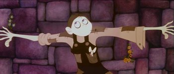 Movie still from “The Thief and the Cobbler” (1993), directed by Richard Williams – A cartoon of a girl with a mouse in her hand; Medium shot, Low angle