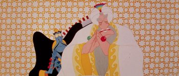 Movie still from “The Thief and the Cobbler” (1993), directed by Richard Williams – A painting of an old woman and a mouse; Medium shot, Low angle