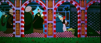 Movie still from “The Thief and the Cobbler” (1993), directed by Richard Williams – A painting of people standing in front of a building; Wide shot, High angle