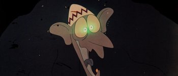 Movie still from “The Thief and the Cobbler” (1993), directed by Richard Williams – An animated character with an evil look on his face; Extreme Close Up shot, Low angle