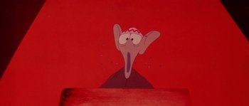 Movie still from “The Thief and the Cobbler” (1993), directed by Richard Williams – An animated picture of an animal with a red background; Extreme Close Up shot, Low angle