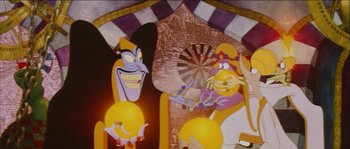 Movie still from “The Thief and the Cobbler” (1993), directed by Richard Williams – A group of people standing next to each other in a room; Medium shot, Low angle