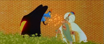 Movie still from “The Thief and the Cobbler” (1993), directed by Richard Williams – A man and a woman are in the middle of an animated scene; Wide shot, Overhead angle
