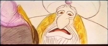 Movie still from “The Thief and the Cobbler” (1993), directed by Richard Williams – An old man with an evil look on his face; Extreme Close Up shot, Low angle
