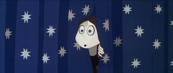 Movie still from “The Thief and the Cobbler” (1993), directed by Richard Williams – A cartoon of a woman peeking out of a curtain; Medium shot, Low angle