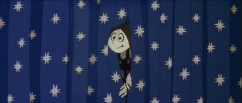 Movie still from “The Thief and the Cobbler” (1993), directed by Richard Williams – A cartoon of a woman holding a stick in front of stars; Medium shot, Low angle