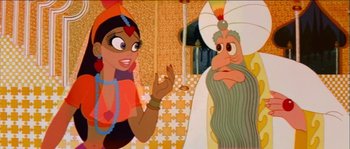 Movie still from “The Thief and the Cobbler” (1993), directed by Richard Williams – An animated scene of a woman talking to an old man; Medium shot, Over the shoulder angle