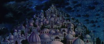 Movie still from “The Thief and the Cobbler” (1993), directed by Richard Williams – A painting of a city with many domed buildings; Extreme Wide shot, High angle