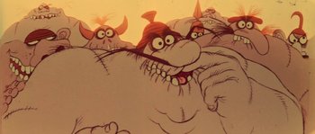 Movie still from “The Thief and the Cobbler” (1993), directed by Richard Williams – View of a group of cartoon characters; Extreme Close Up shot, Low angle