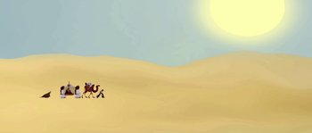 Movie still from “The Thief and the Cobbler” (1993), directed by Richard Williams – A camel and a dog running through the desert; Extreme Wide shot, Low angle