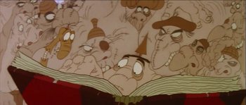 Movie still from “The Thief and the Cobbler” (1993), directed by Richard Williams – View of a book with many cartoon faces on it; Close Up shot, High angle