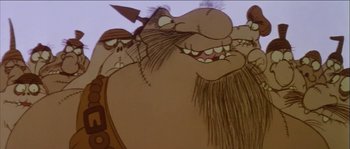 Movie still from “The Thief and the Cobbler” (1993), directed by Richard Williams – A cartoon character with a beard; Close Up shot, Low angle