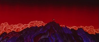Movie still from “The Thief and the Cobbler” (1993), directed by Richard Williams – A painting of a red sky and a mountain; Extreme Wide shot, Low angle
