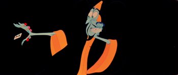 Movie still from “The Thief and the Cobbler” (1993), directed by Richard Williams – An animated character is holding something in his hand; Medium shot, Low angle