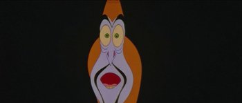 Movie still from “The Thief and the Cobbler” (1993), directed by Richard Williams – An animated character is shown in a black background; Extreme Close Up shot, High angle