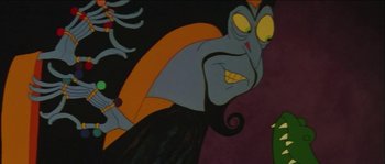 Movie still from “The Thief and the Cobbler” (1993), directed by Richard Williams – Picture of a cartoon character; Close Up shot, Over the shoulder angle