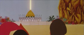 Movie still from “The Thief and the Cobbler” (1993), directed by Richard Williams – A cartoon scene of people standing in front of a building; Extreme Wide shot, Low angle